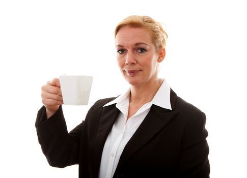 Businesswoman with cup of tea or coffee over white background