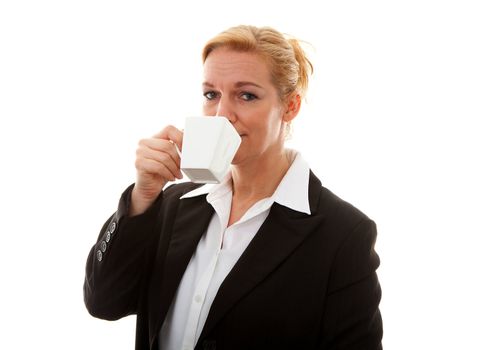 Businesswoman with cup of tea or coffee over white background