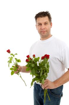 Handsome man with bouquet of roses  isolated on white background
