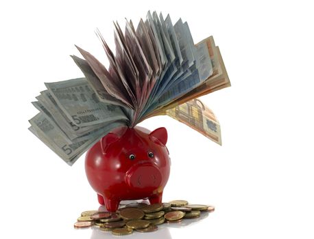 red money pig with euro money isolated on white