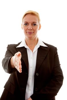 Businesswoman is shaking your hand over white background