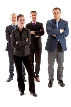 Four business people, one young woman and three older men, with arms crossed over white background