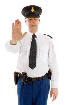 Dutch police officer making stop sign with hand over white background