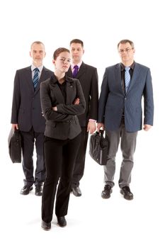 Four business people, one young woman and three older men over white background