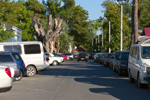 Cars in  parking lot along  road, Russia.