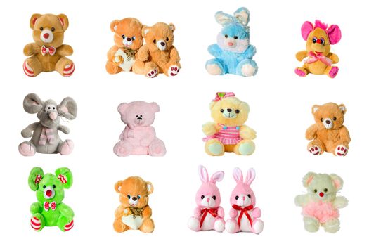 Collage of pictures of soft toys close-up.