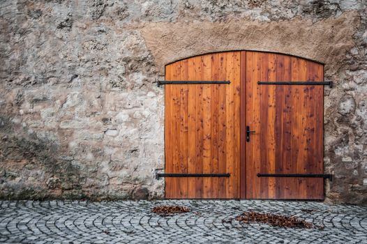 Old wooden door in a historical wall