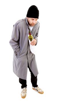 male homeless tramp with bottle over white background