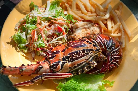 Grilled lobster on yellow plate with fry potato and salad