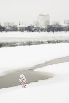 Winter view of frozen Vistula river. Warsaw on horizon.