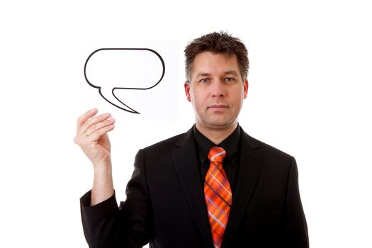 Businessman is holding a text balloon over white background