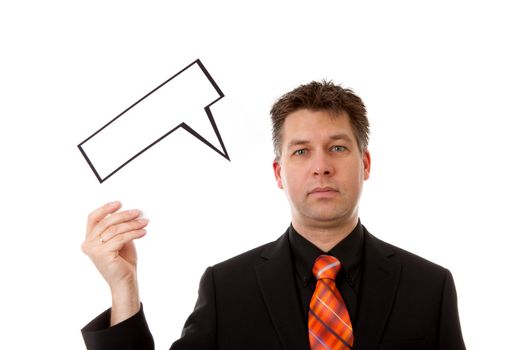 Businessman is holding a text balloon over white background