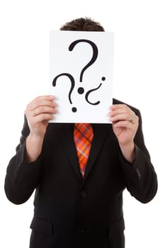 Businessman is holding board with question signs, isolated on white background