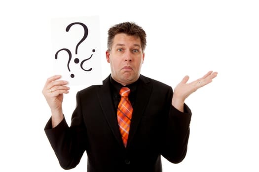 Businessman is holding board with question signs, isolated on white background