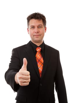 Businessman is pleased, thumbs up  over white background