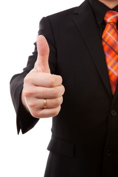 Businessman is pleased, thumbs up in closeup  over white background