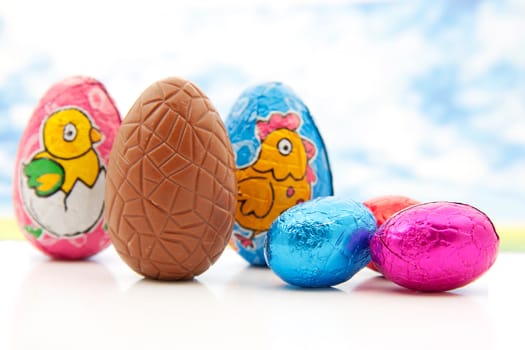 Colorful chocolate easter eggs in closeup