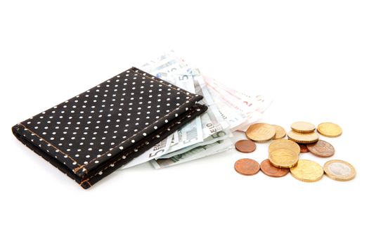 black wallet with euro money over white background