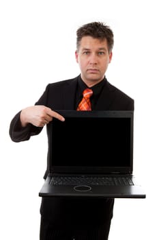 Businessman is showing empty laptop over white background