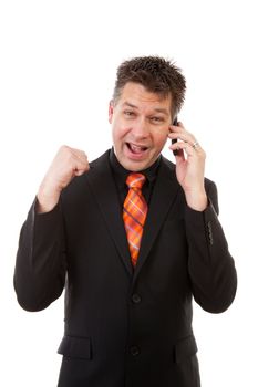 Happy businessman on the phone  over white background