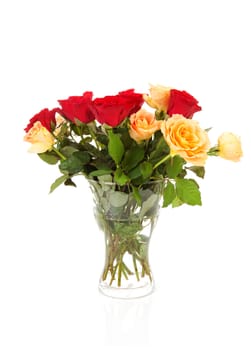 Bouquet of red and orange roses over white background