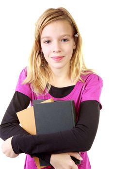 young girl carry books over white background