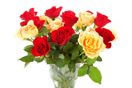 Bouquet of red and orange roses over white background