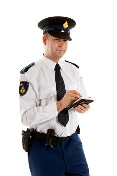 Dutch police officer filling out parking ticket. over white background
