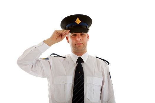 Police officer with hand on cap over white background