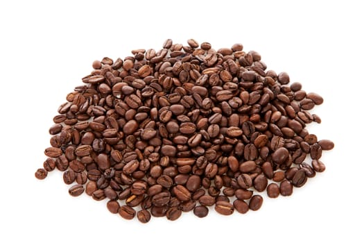Pile of roasted coffee beans over white background