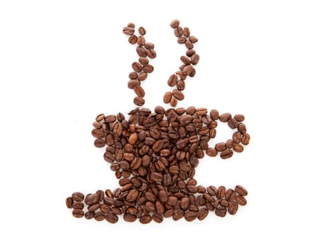 Coffee beans arranged into a shape of cup with steam over white background

