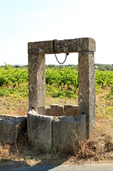 French old well on a vineyard background