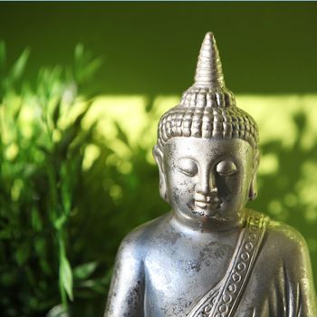Silever metallic statue of a serene Buddha withh detail of the head and face outdoors in peaceful green surroundings with copyspace