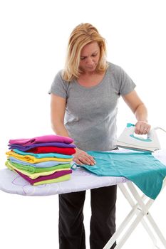 housewife is doing the ironing over white background