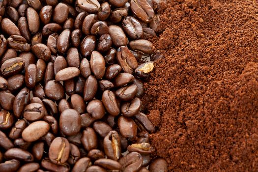Background of ground coffee and beans in closeup