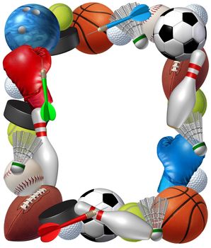 Sports frame with sport equipment from baketball boxing golf bowling tennis badminton football soccer darts ice hockey and baseball as a fitness and health border isolated on a white background.