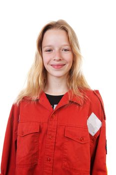 Portrait of  Dutch scout girl over white background