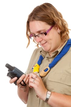 Dutch female scout with gps navigation over white background