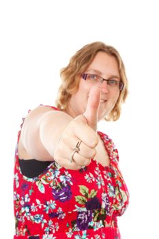 woman with thumbs up over white background 
