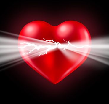 Power of human love and Euphoria with intense feelings and the energy of romantic emotions emerging  and bursting from a glowing red heart shaped valentine symbol on a black background.