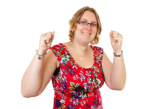 Happy woman is cheering over white background