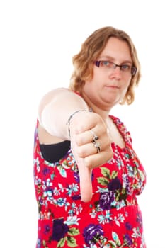 woman with thumb down over white background 
