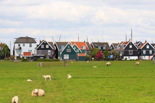 view over typical Dutch houses in the village Marken
