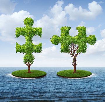 Growth connection with two trees in the shape of jigsaw puzzle pieces floating on an ocean moving together to merge into one strong partnership as a business concept of teamwork.