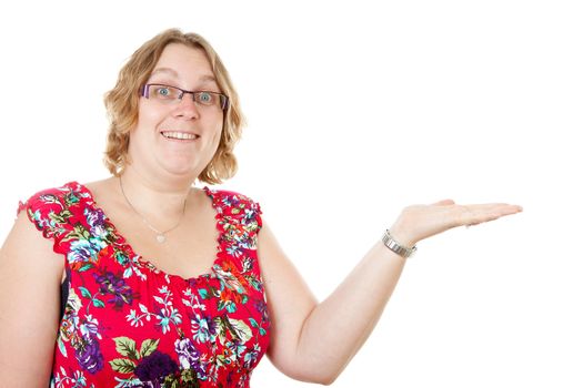 woman with open hand and pointing over white background