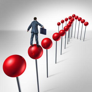 Finding success and planning a strategy to find opportunity as a business man climbing red pushpins in the shape of an upward arrow to financial security..