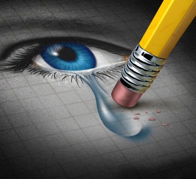 Depression Relief and conquering mental adversity with a pencil eraser removing a tear drop from a close up of a human face and eye as a concept of emotional support and therapy.