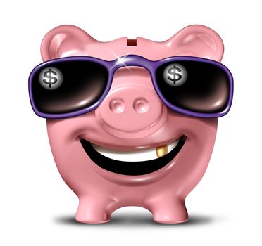 Successful savings financial concept with a happy smiling piggy bank wearing dark sunglasses with a dollar symbol reflection in the glass and a gold tooth as a finance icon of living in luxury with wealth and prosperity.