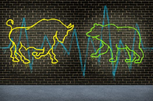 Street trading market advice financial investing symbol with a graffiti texture of a bull and a bear painted on an urban street brick wall as an investment concept for selling or buying a company.