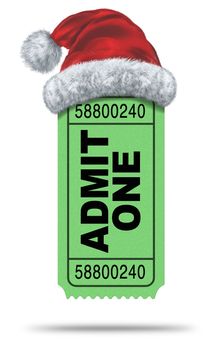 Holiday movies and Christmas movie flicks with a green admit one ticket stub and a santaclause hat as an entertainment symbol of the winter film industry cinematic releases on a white background.